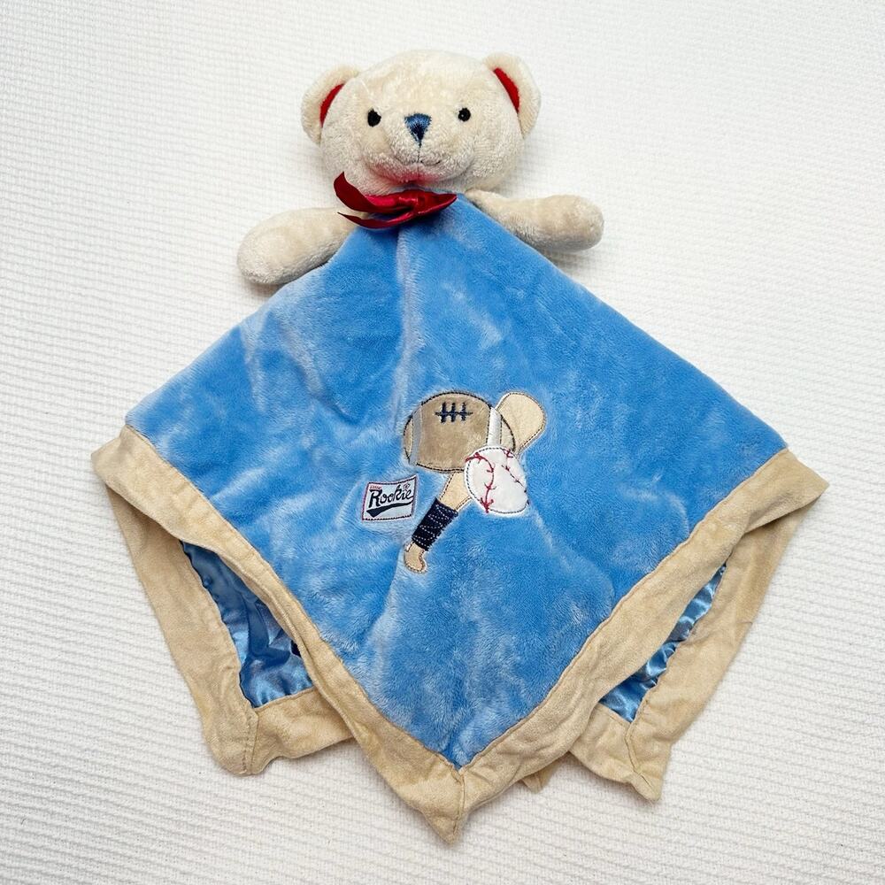 Carters Blue/Tan "Rookie"Teddy Bear Security Blanket Plush Lovey Toy Rattle